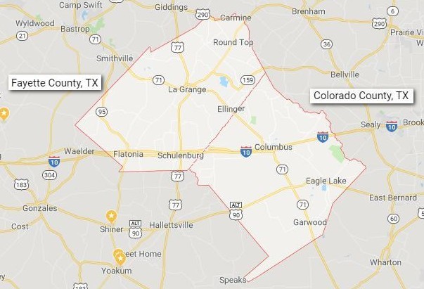 Map outlining the combined Colorado and Fayette County prize region