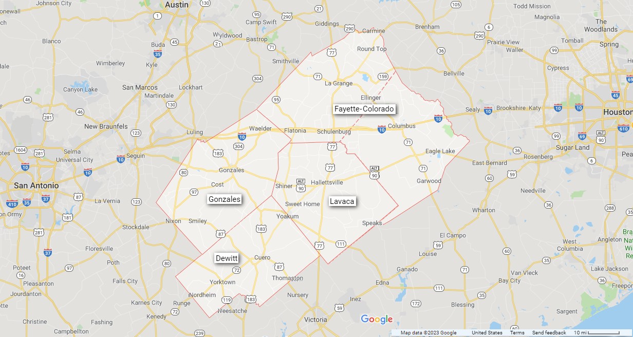 Map showing the four core contest regions across five Texas counties